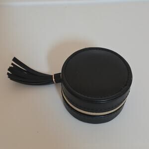 Black Faux Leather Round Travel Jewelry Case Zip-Around Velvet Lined Organizer